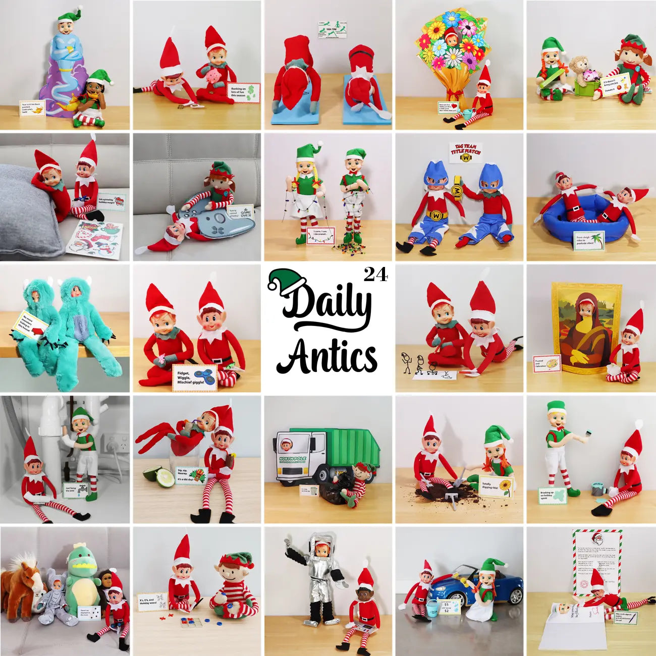 24 Day elf pack daily antics collage. 2 elf 24 day worth of ideas