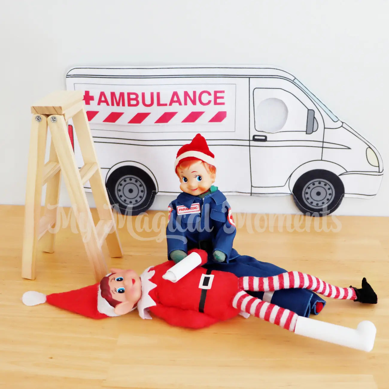 Elf helping an elf with a broken arm with an ambulance
