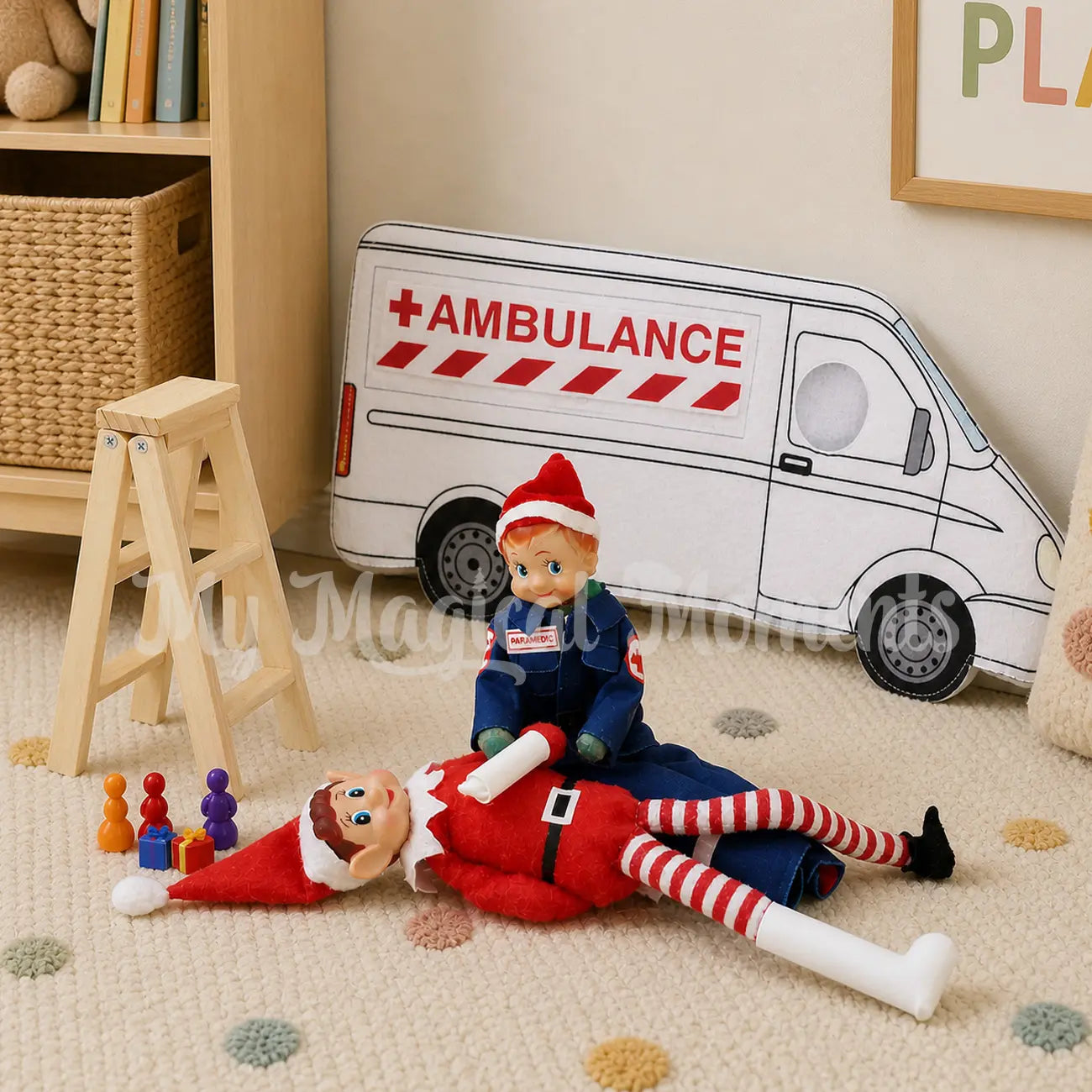 Elf helping an elf with a broken arm with an ambulance