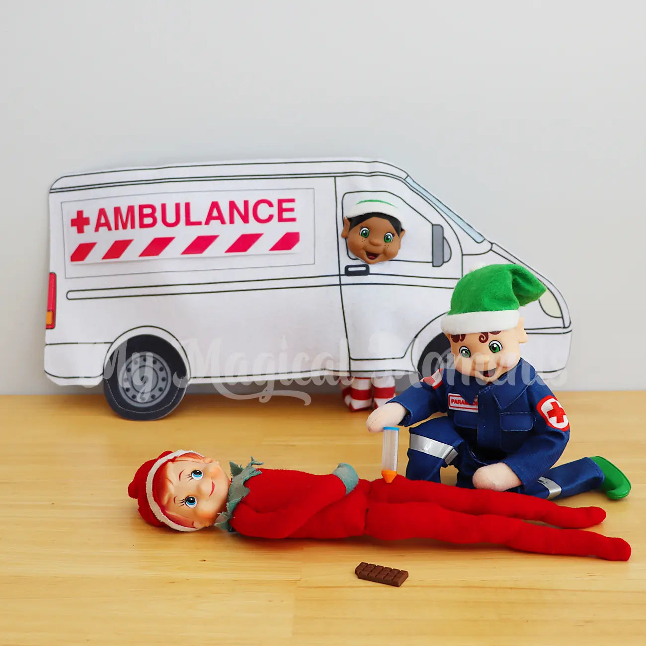 Elves helping an anaphylactic elf with an epi pen