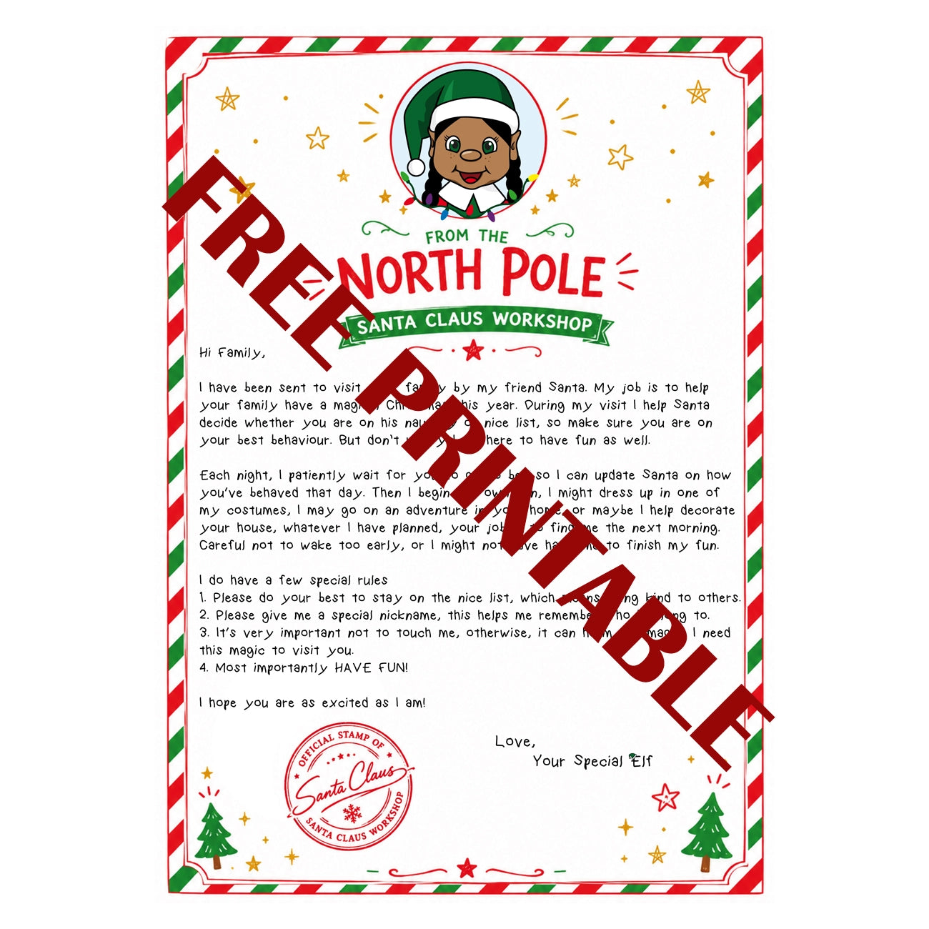 Free printable arrival letter - Girl Black Hair elf