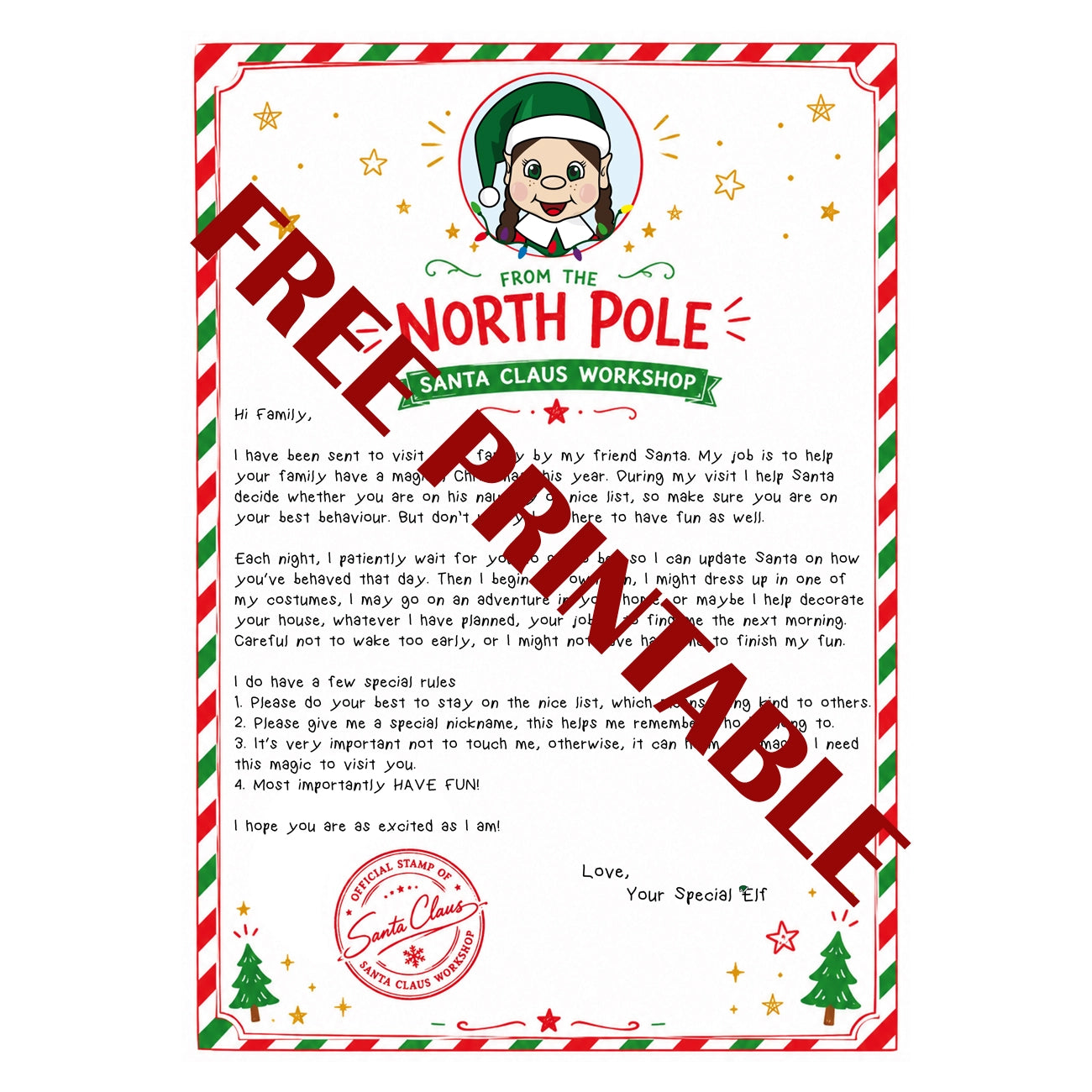 Free printable arrival letter - Girl Brown Hair elf
