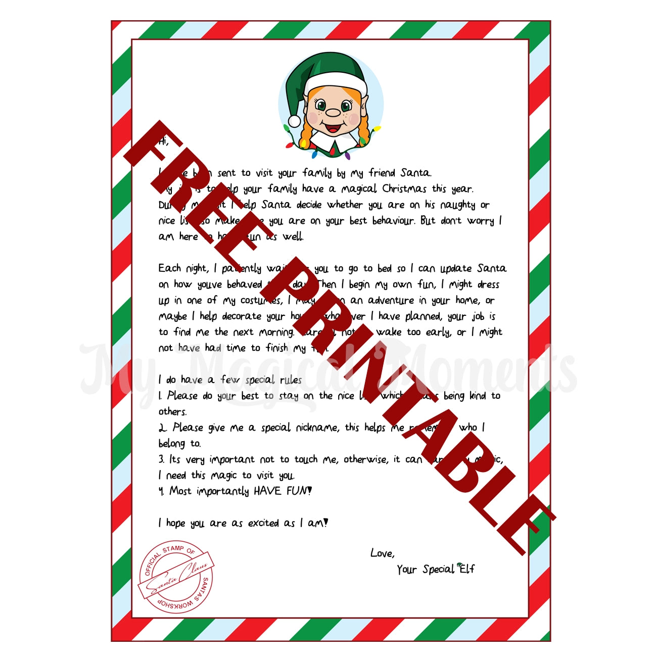 Free printable arrival letter - Girl Orange Hair elf