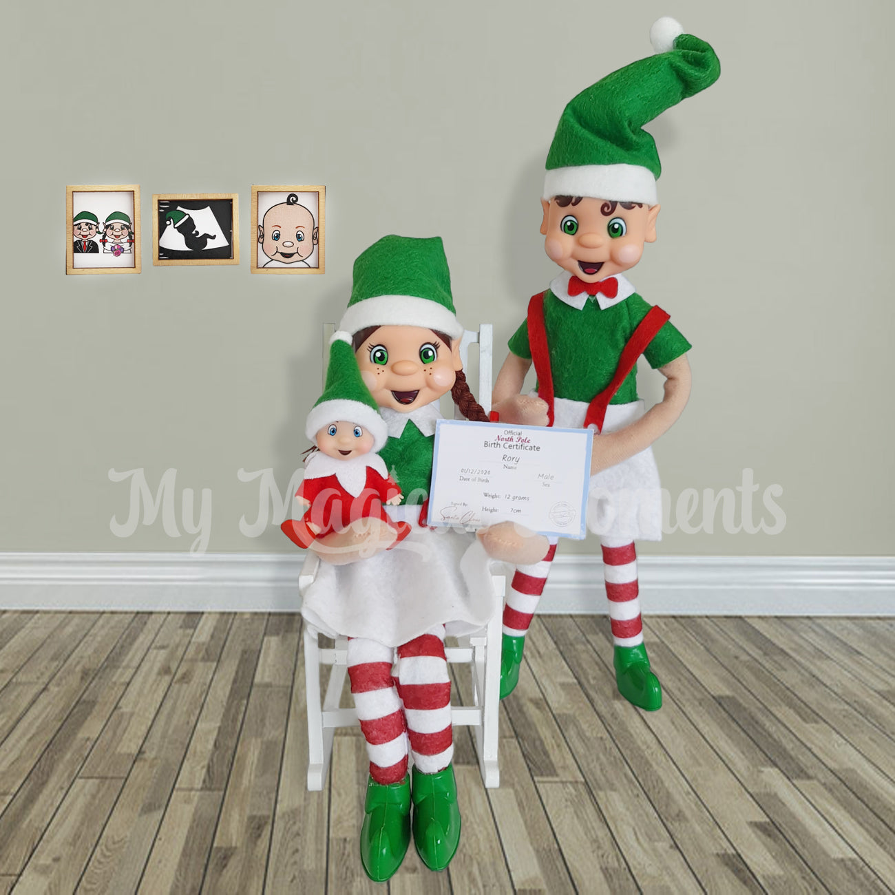 Elf Baby announcement. Family of elves holding a elf baby birth certificate