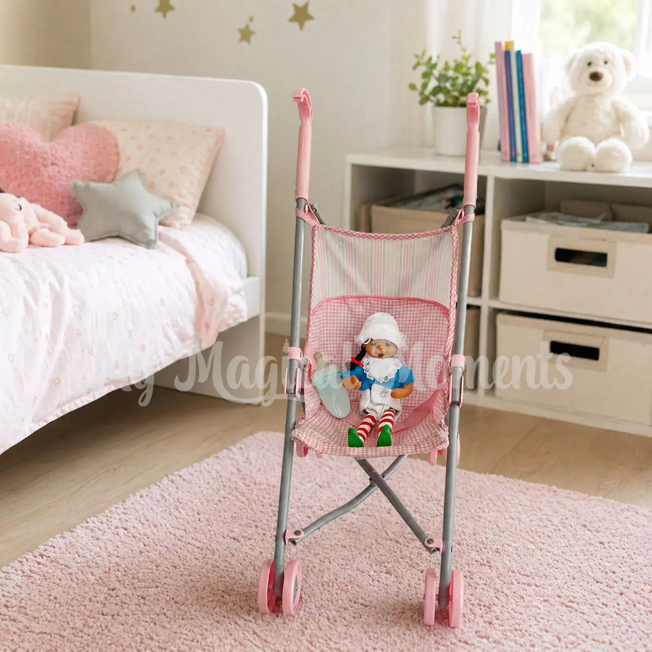 Elf dressed as a baby sitting in a pram