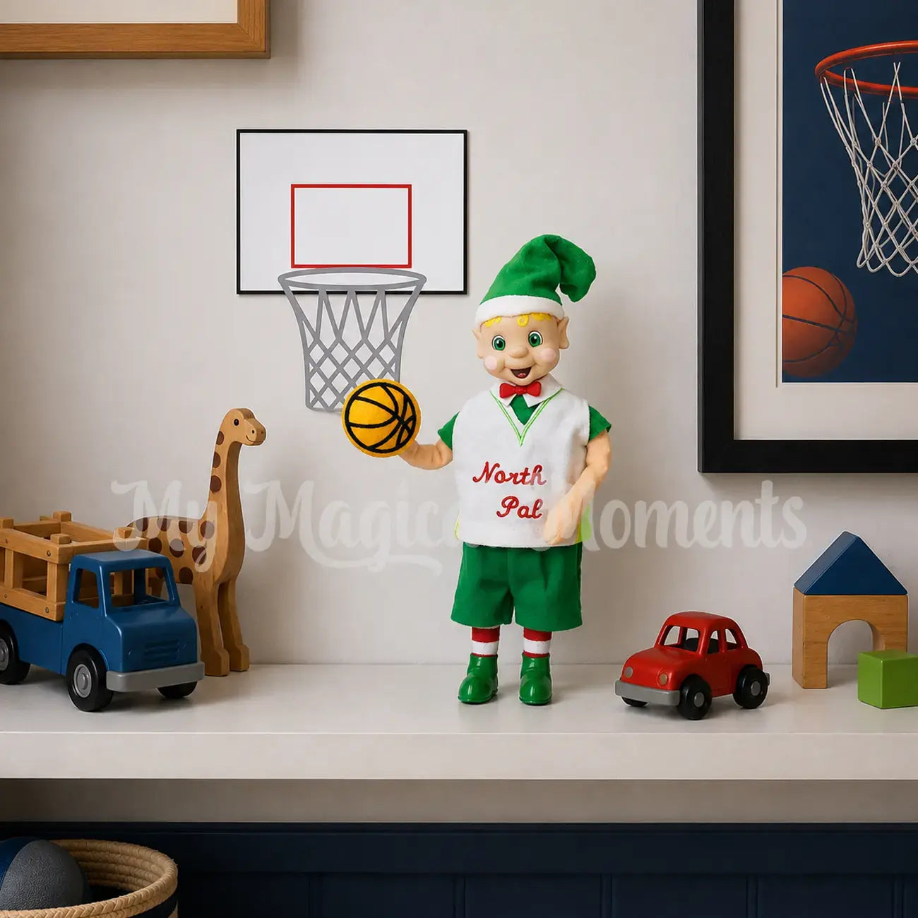 elf playing basketball wearing a basketball uniform