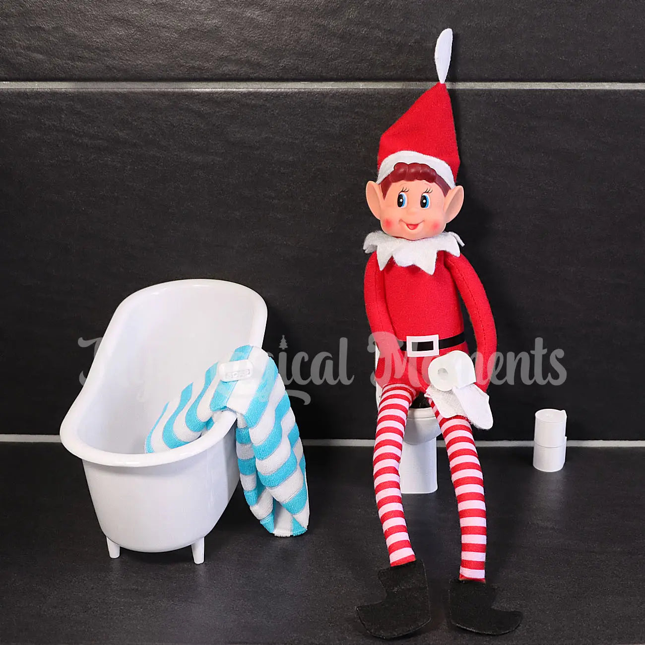 Elf sitting on a toilet with a mini bath, towel and toilet rolls