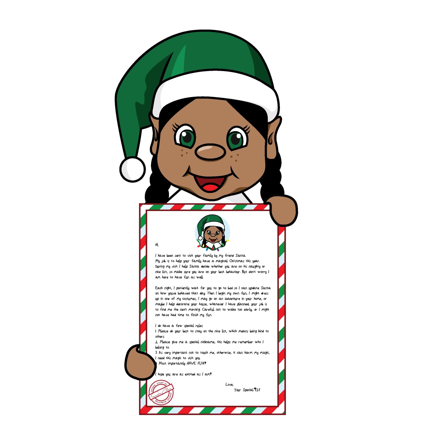 Black hair elf holding arrival letter clipart