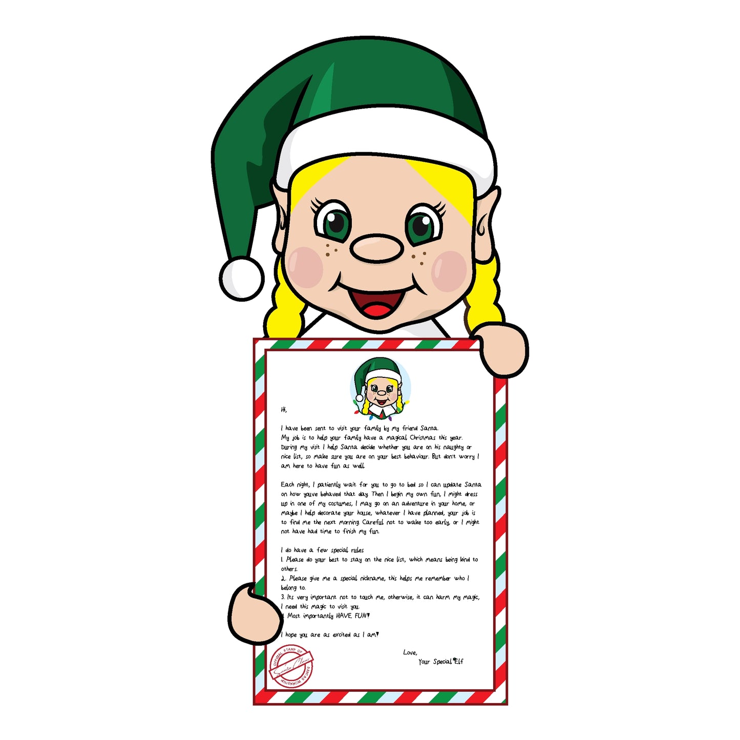 blonde hair girl elf holding arrival letter clipart