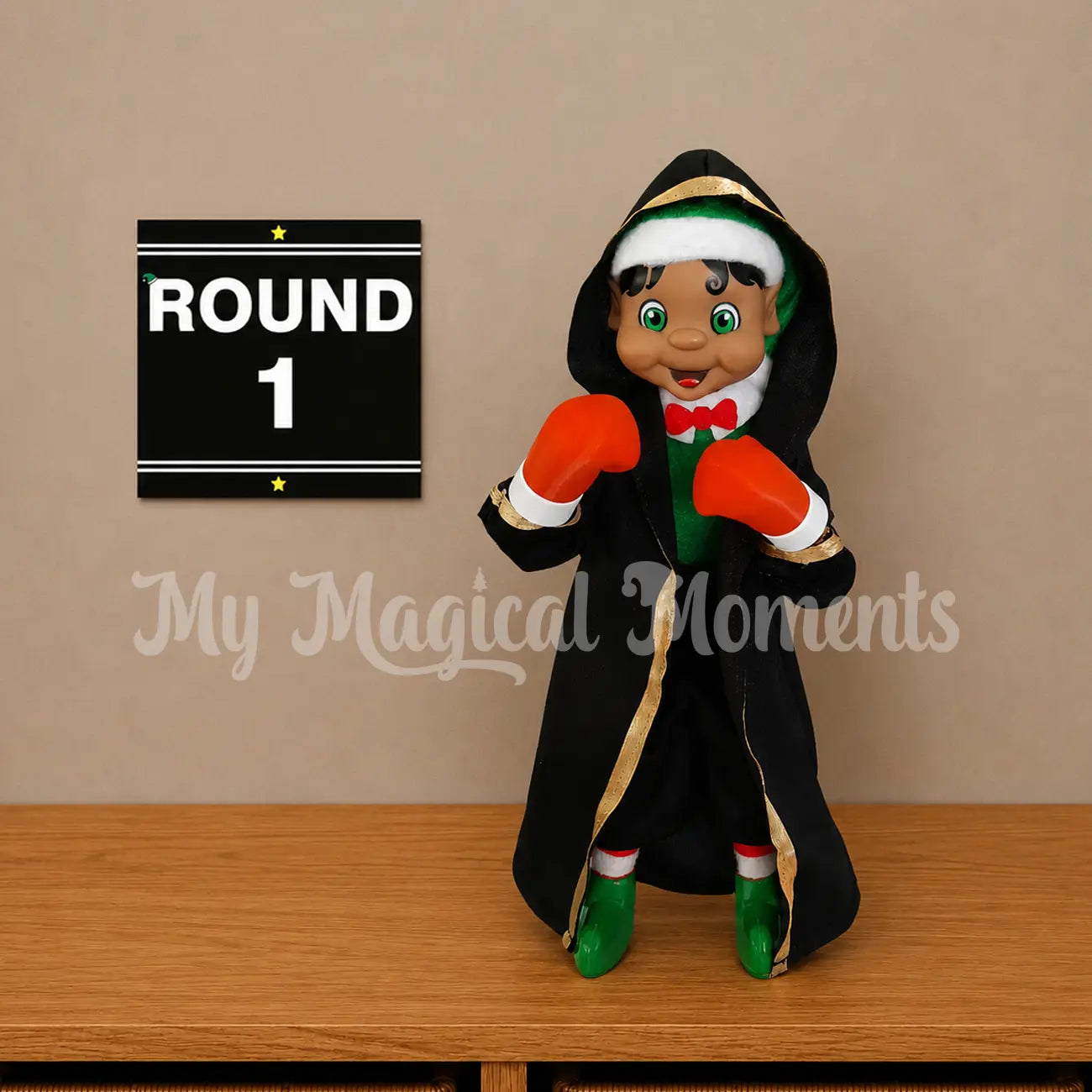Black hair elf wearing a boxing outfit with red boxing gloves and a black robe
