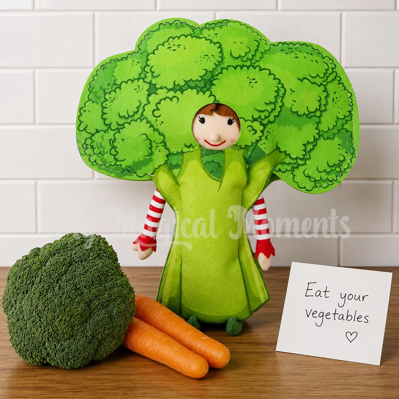 Elf wearing a broccoli outfit with vegetables