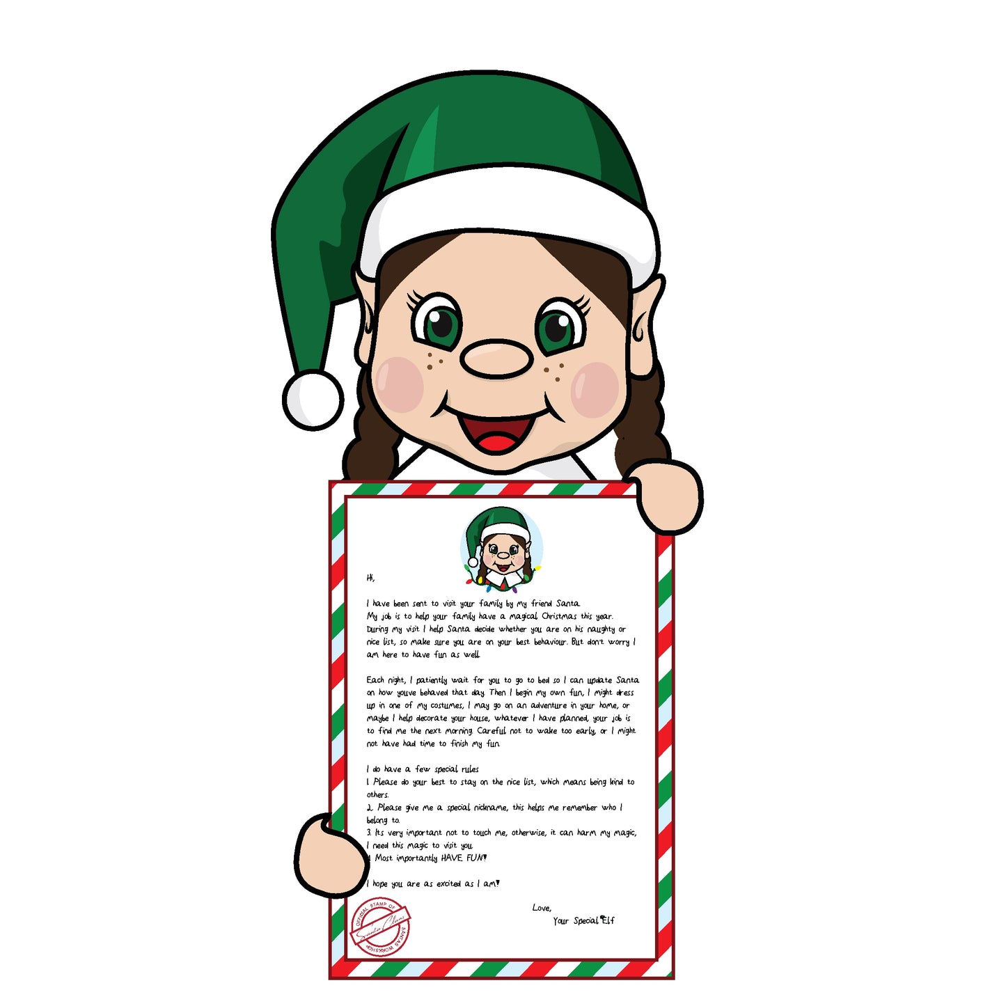Brown hair Girl elf holding arrival letter clipart