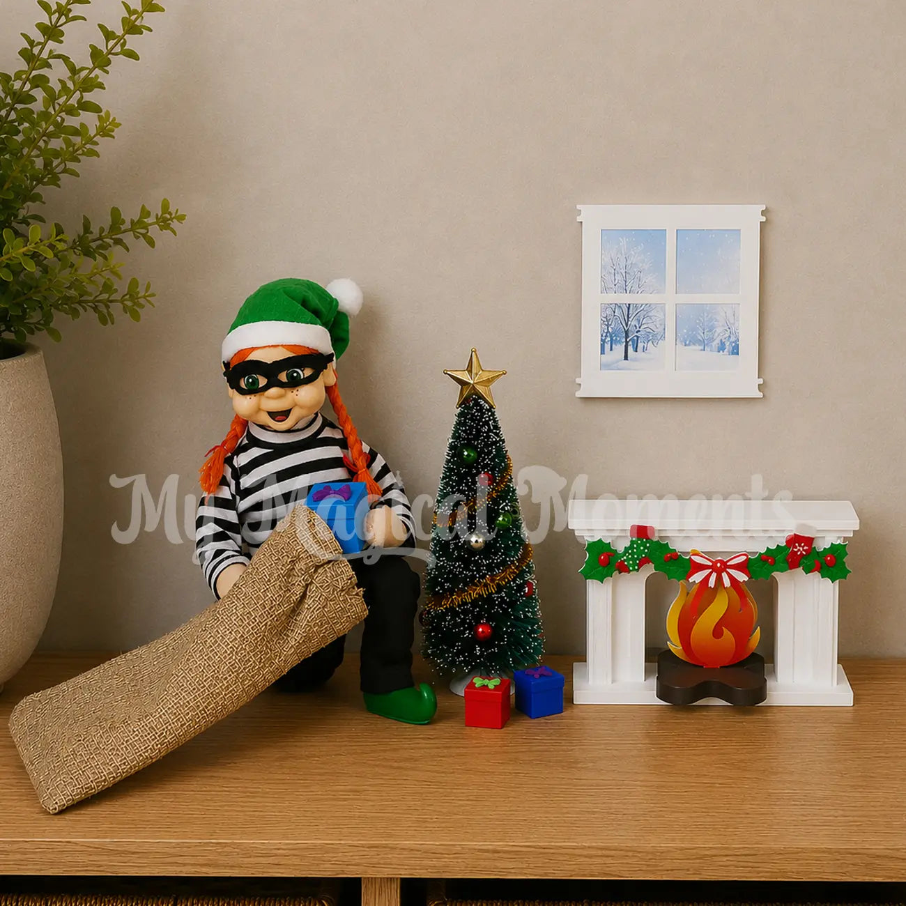 Burglar Stealing presents from under the Christmas tree and fireplace