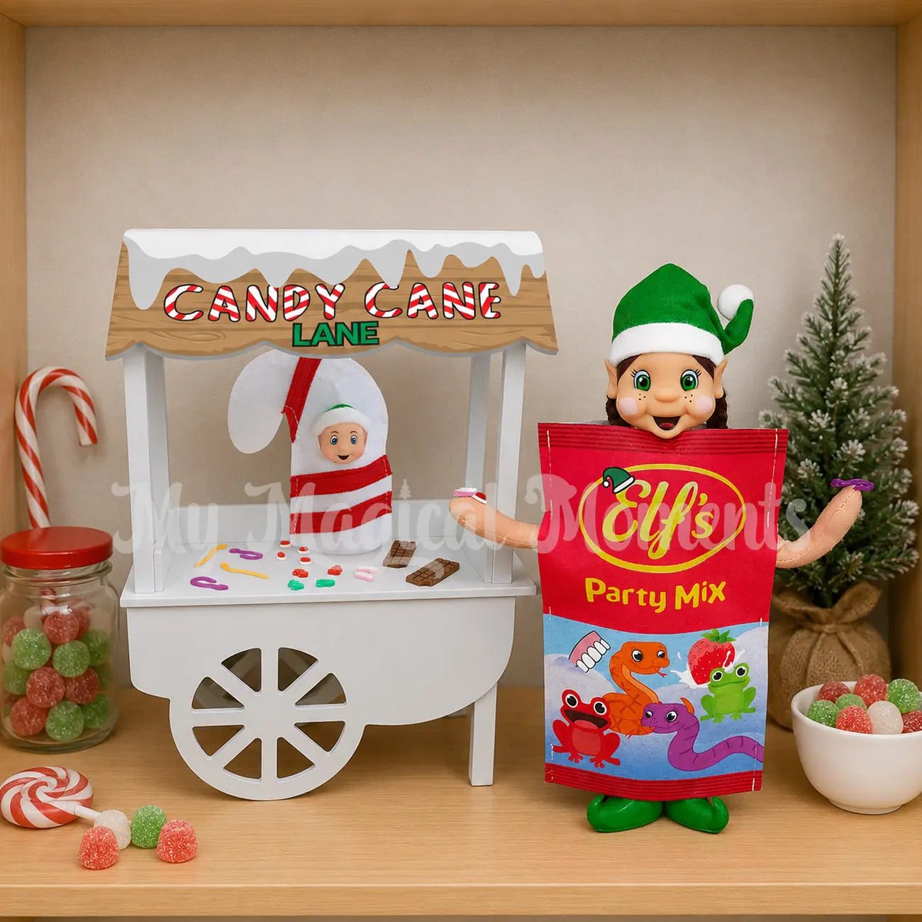 Elf dressed as a bag of lollies selling candy