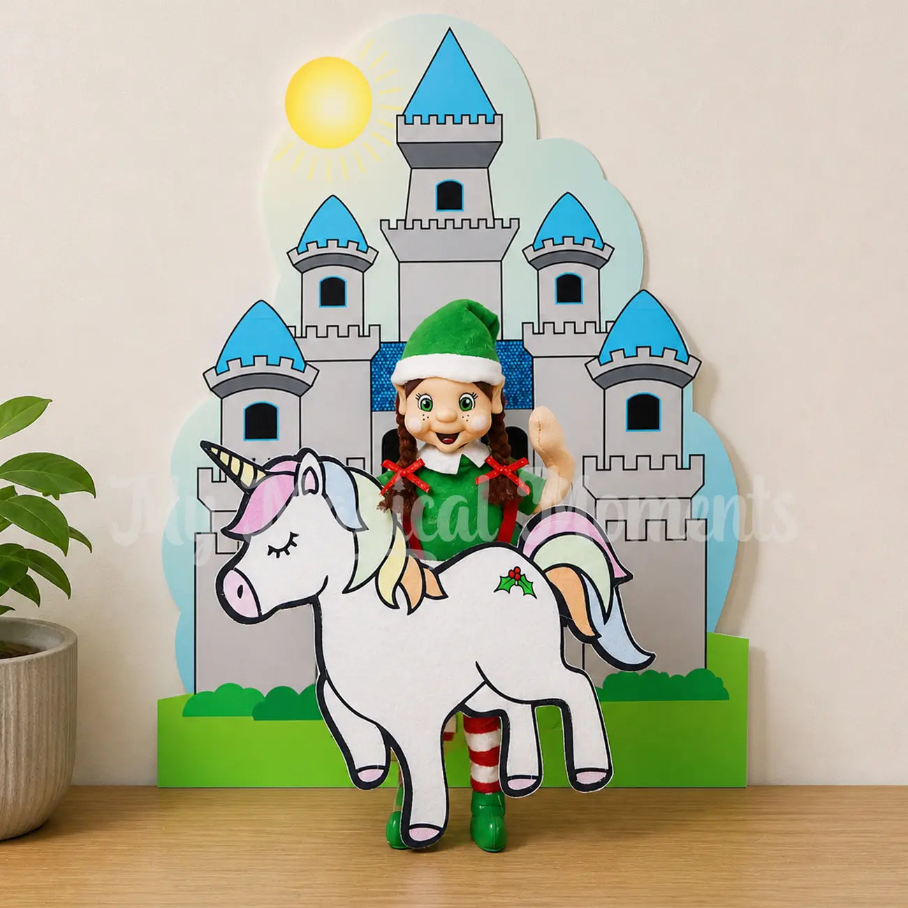 my elf friends wearing a unicorn costume