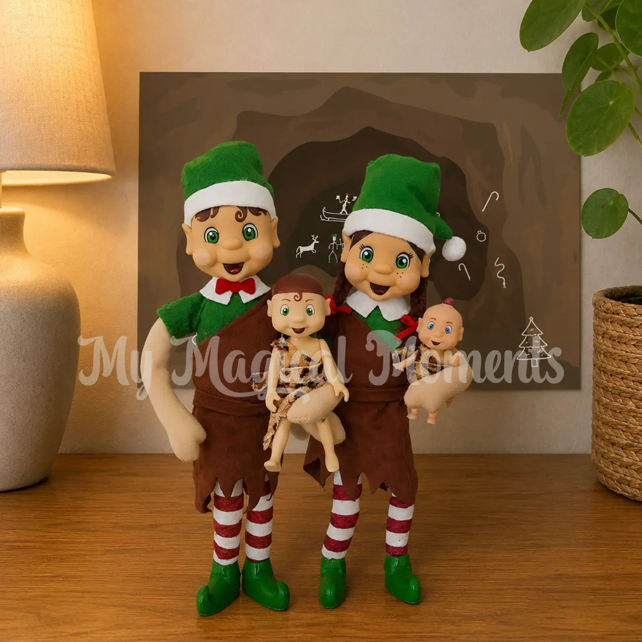 Caveman elf family in front of a printable cave