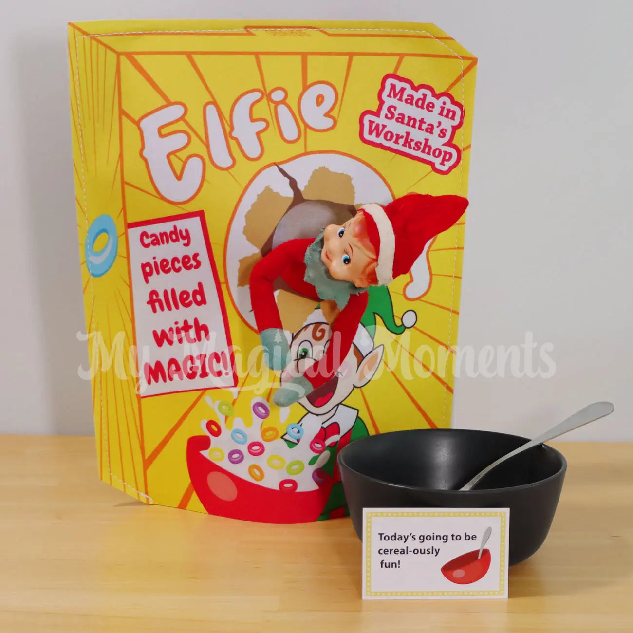 Elf Wearing a Cereal Box Costume with a bowl of cereal