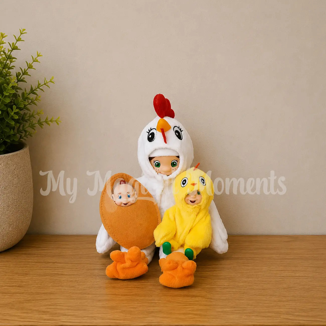 Chicken Family Scene for elves with elf baby egg costume, elf toddler chick costume and chicken elf costume worn by My Elf friends.