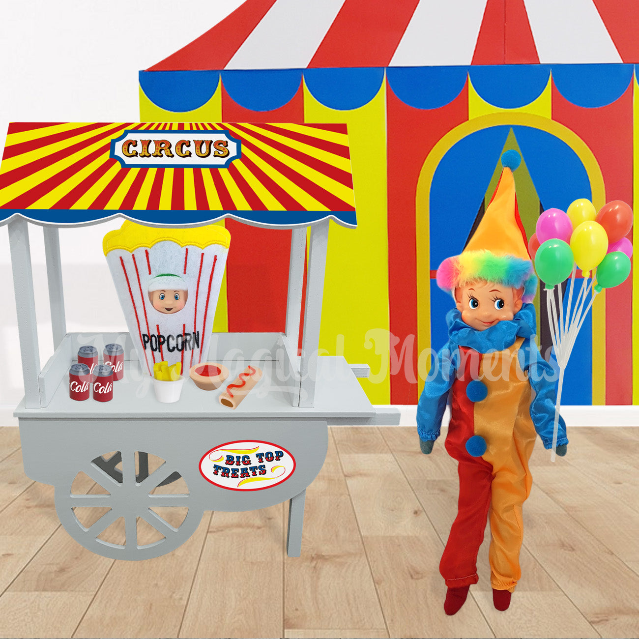 Clown elf selling circus snacks including miniature popcorn, cola, pie and sausage rolls