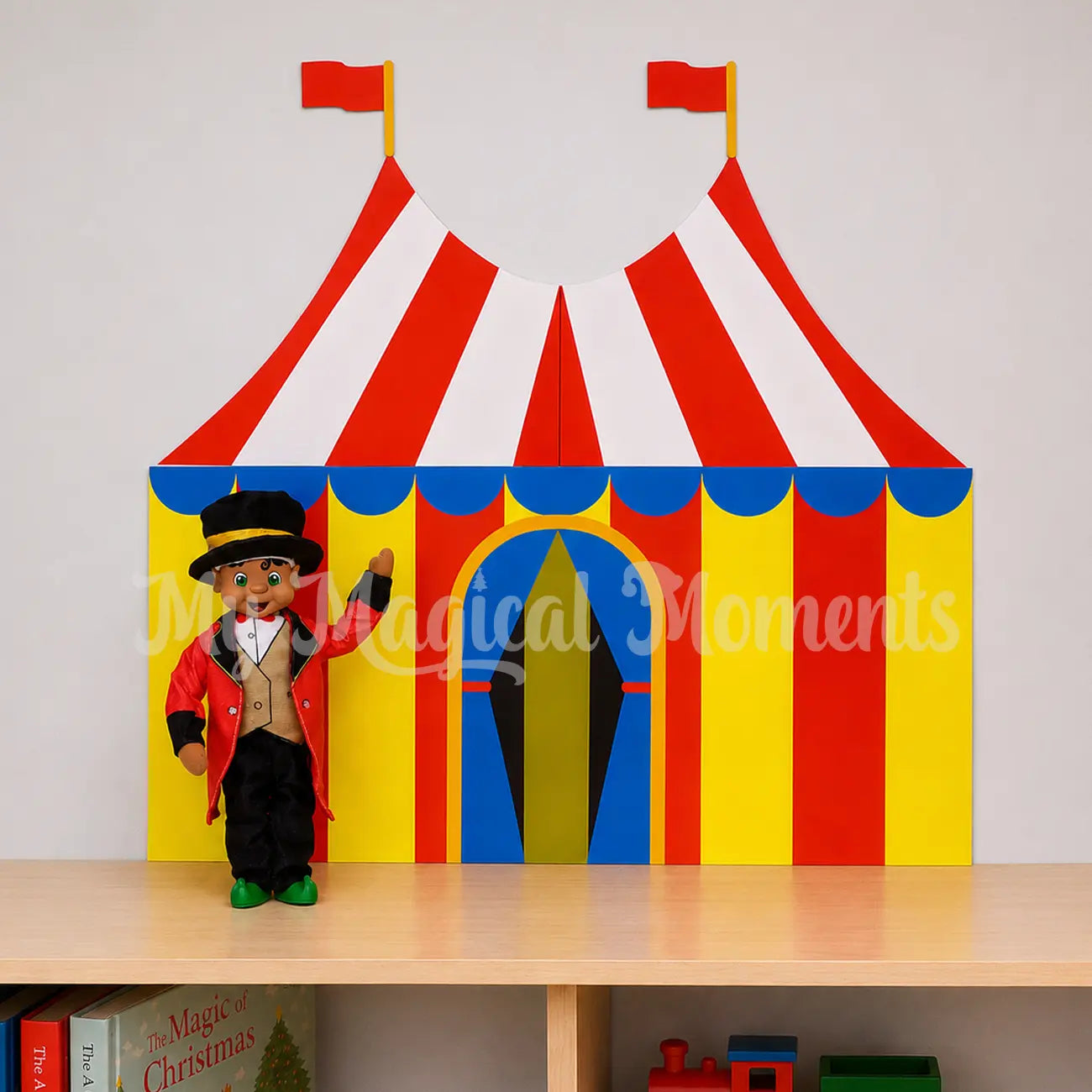 A Elf Circus tent printable with an My Elf friends black hair elf dressed as a ring leader