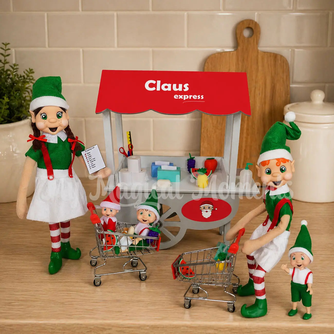 Elf Shopping at a mini mart, claus express. With miniature elf shopping props. She has a shopping list and elf toddler, Baby toddler in her shopping cart