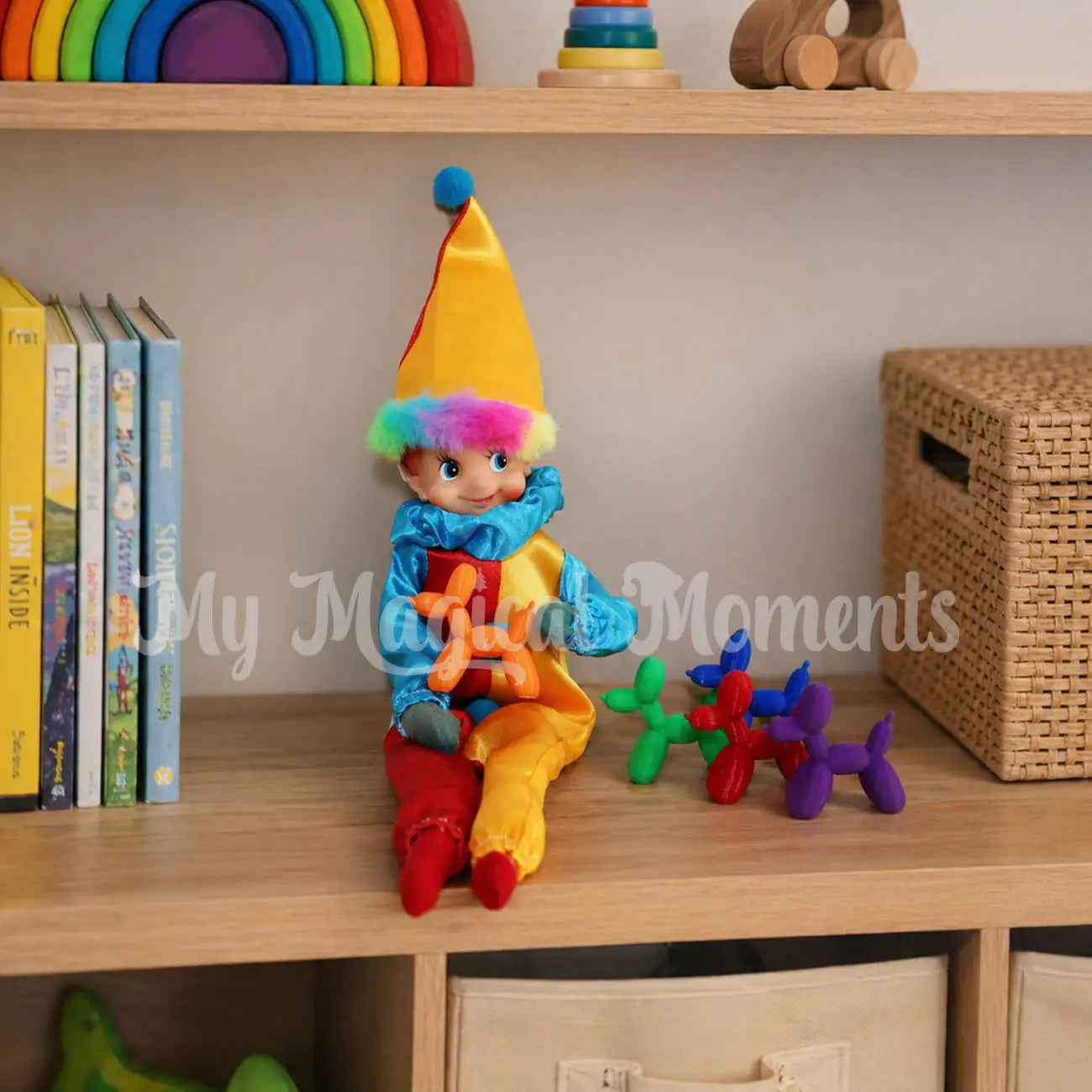 An elf dressed as a clown making balloon animals