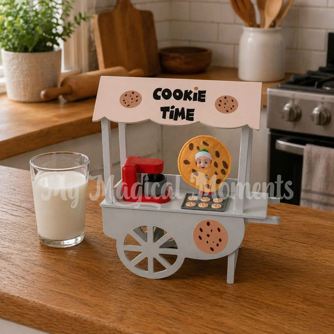 Baby elf cookie on a baking set on a vendor cart