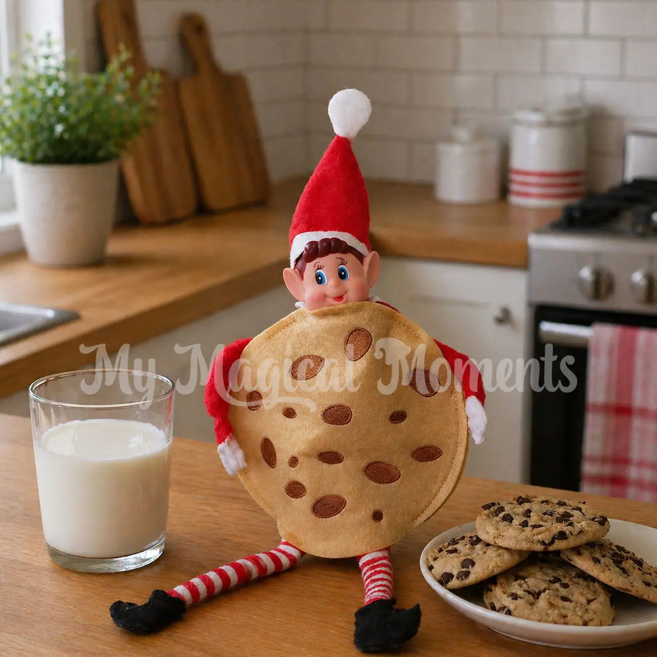 elf wearing a cookie costume with min cookies