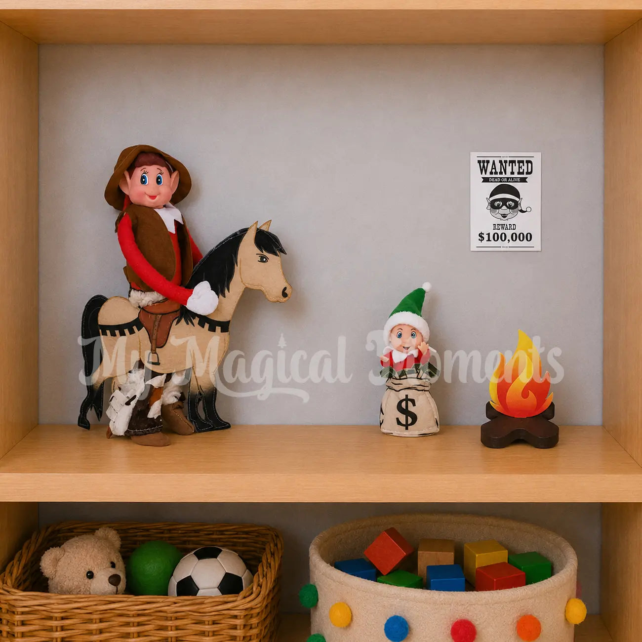 elf dressed as a cowboy wearing a horse costume, baby money and a firepit