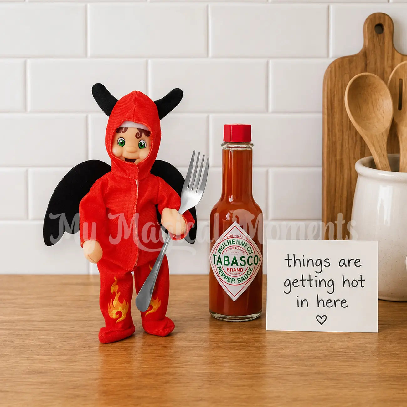 Devil Elf Costume - worn by My elf friends in kitchen with hot sauce