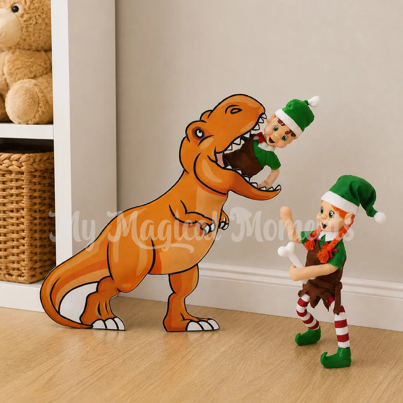 dinosaur costume elf scene