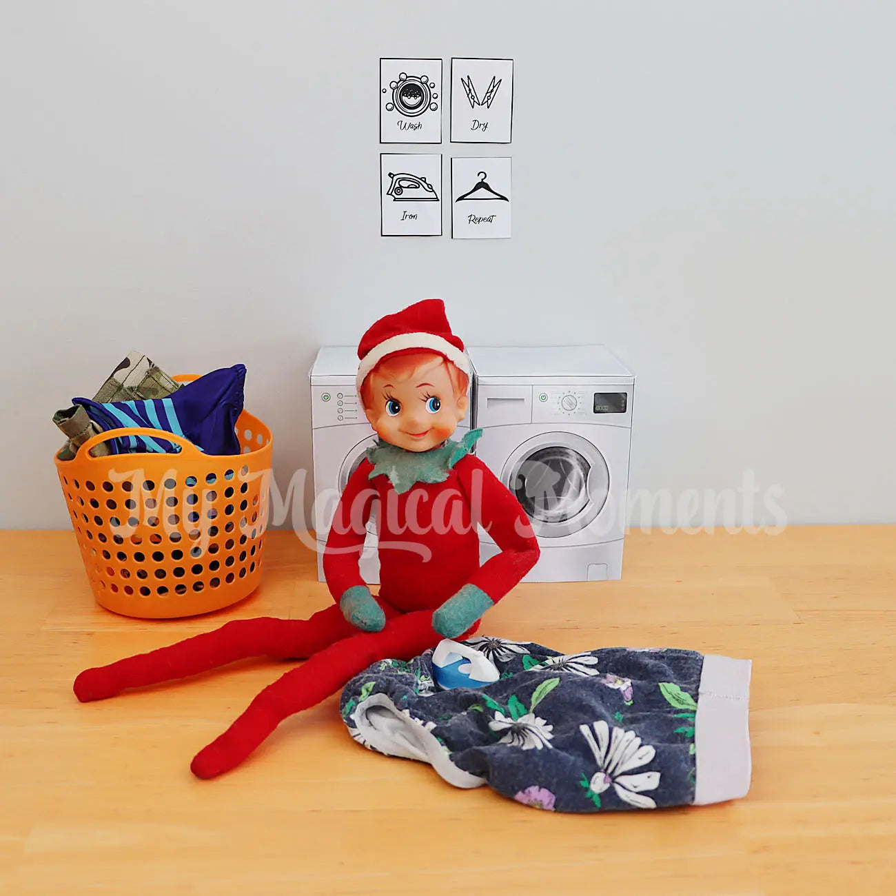 elf doing laundry with printable washing machine
