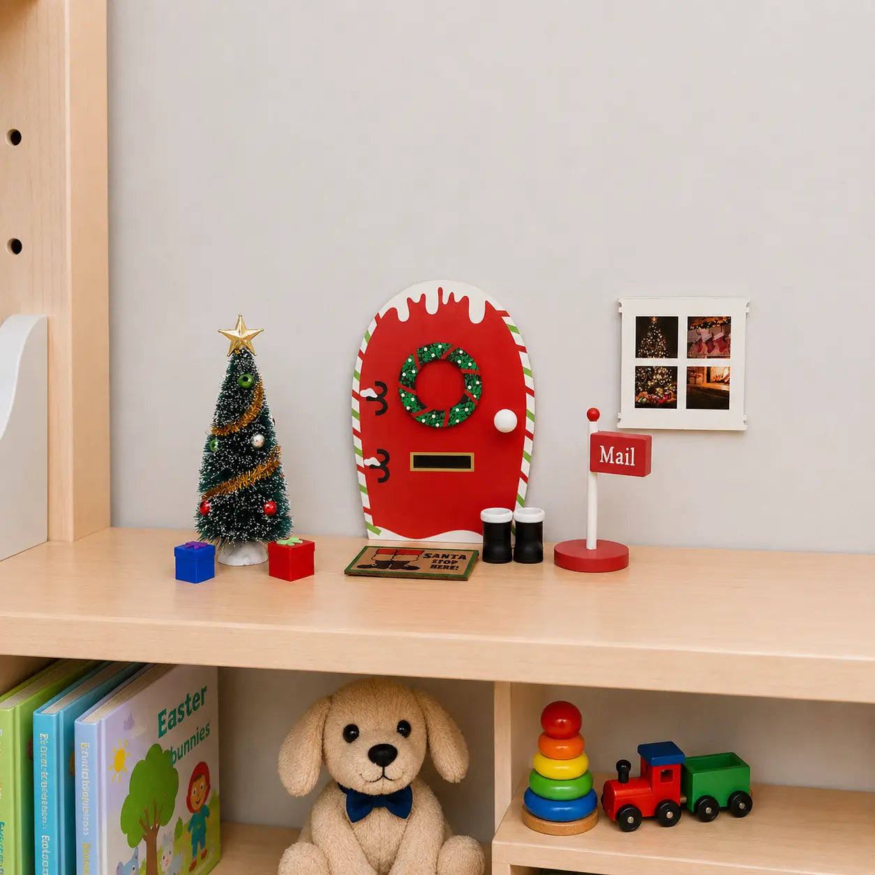 Elf door with mini Christmas tree, mini presents window, door mat and mailbox