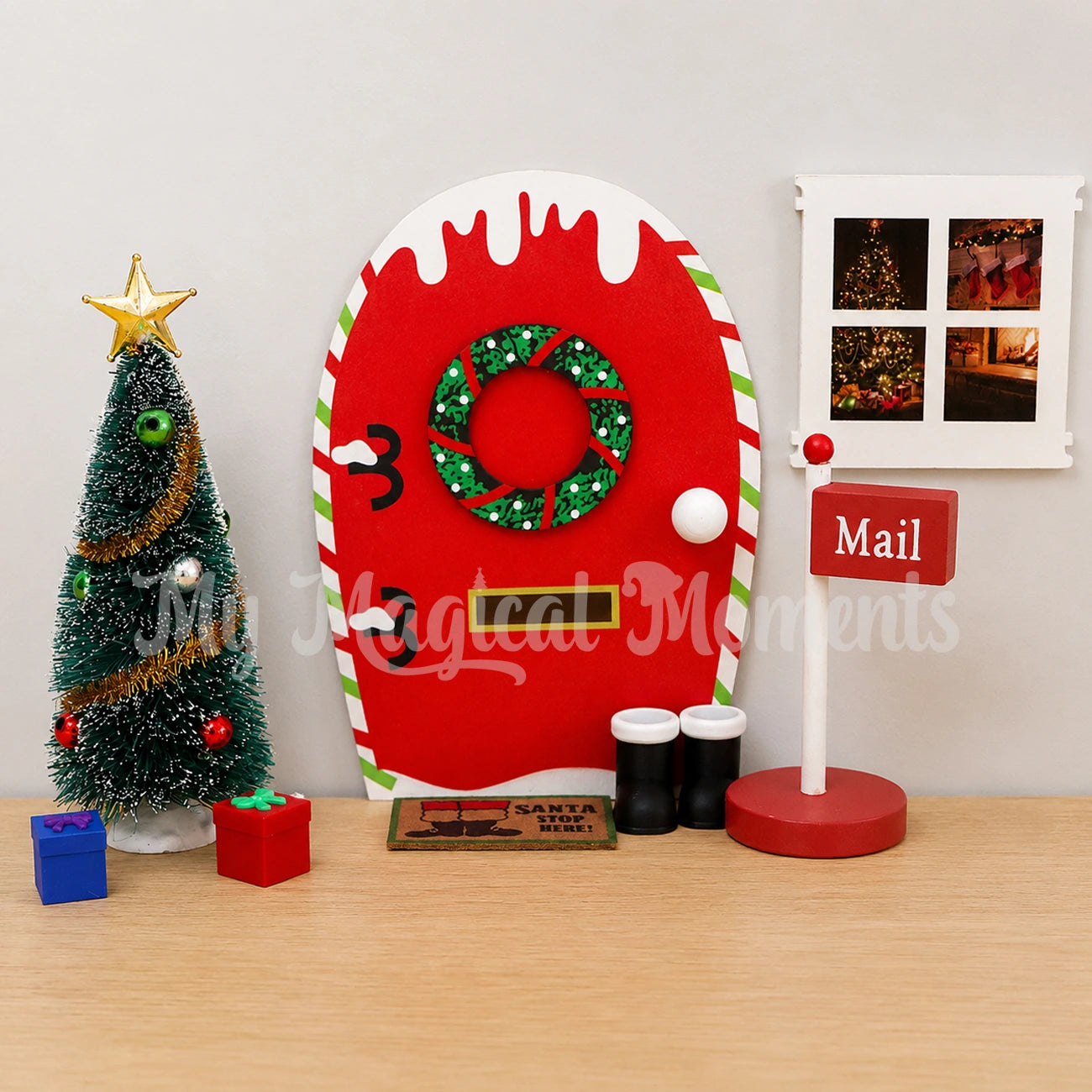 Elf door with mini Christmas tree, mini presents window, door mat and mailbox