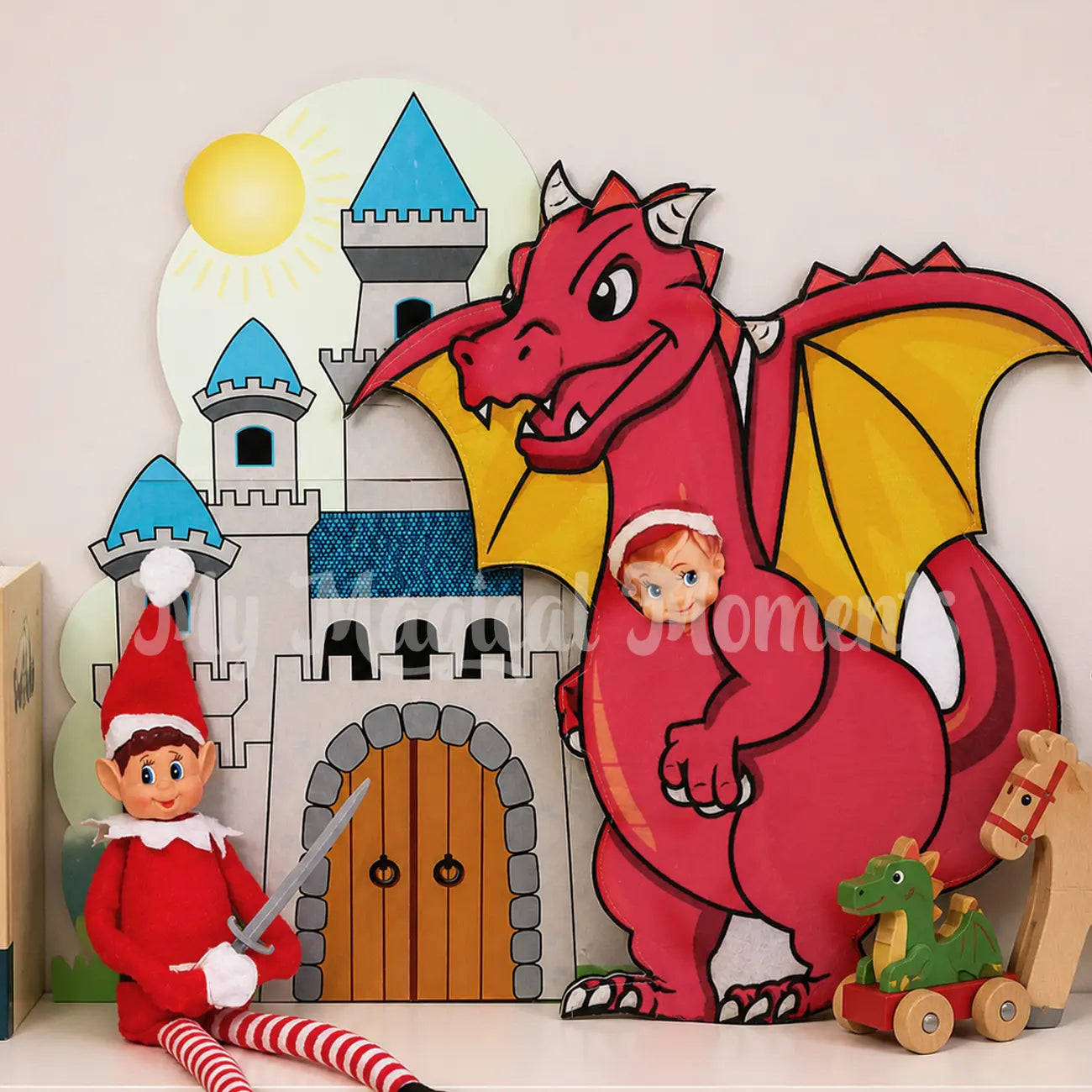Elf Holding a sword battling off a dragon dressed elf