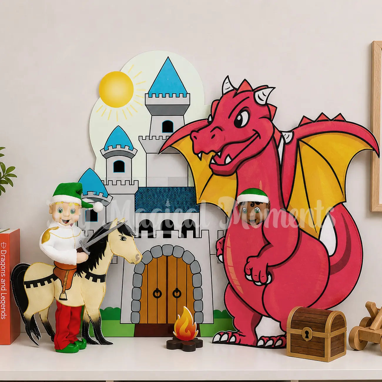 Blonde Hair elf holding a sword riding a horse costume fighting an elf wearing dragon in front of a castle
