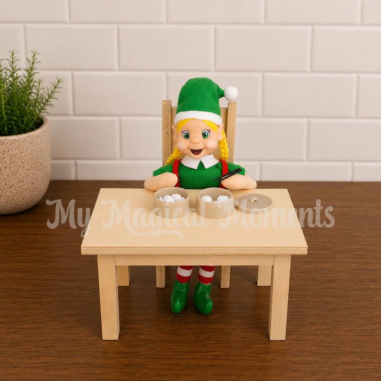Elf With Blonde Hair eating dumplings