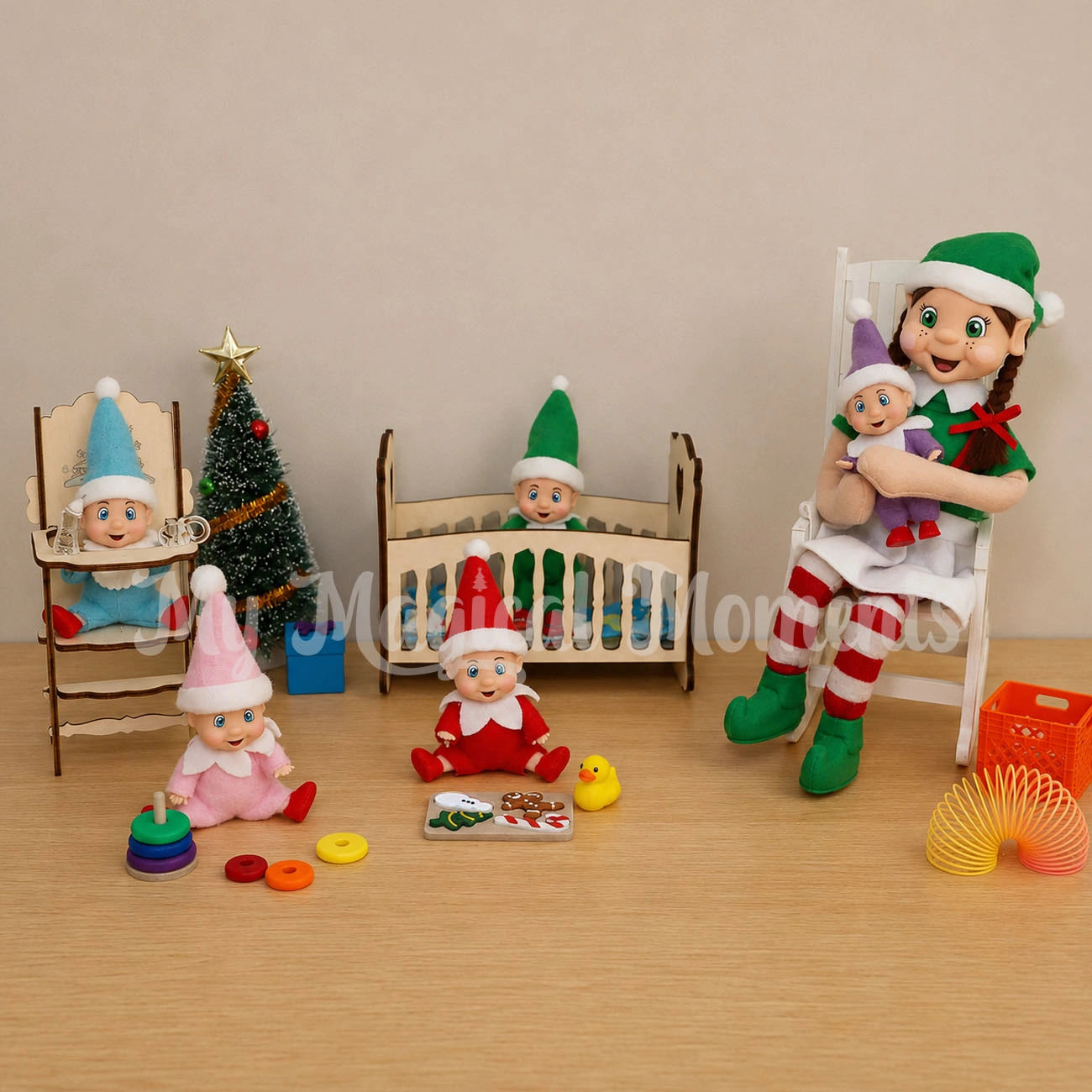 Elf babies in a nursery with bendable brown hair elf and elf props
