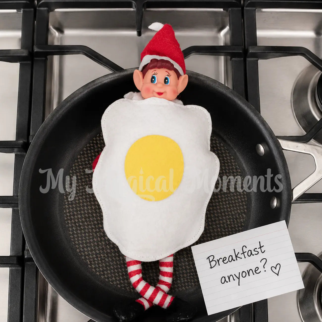 Elf wearing an egg costume in a pan