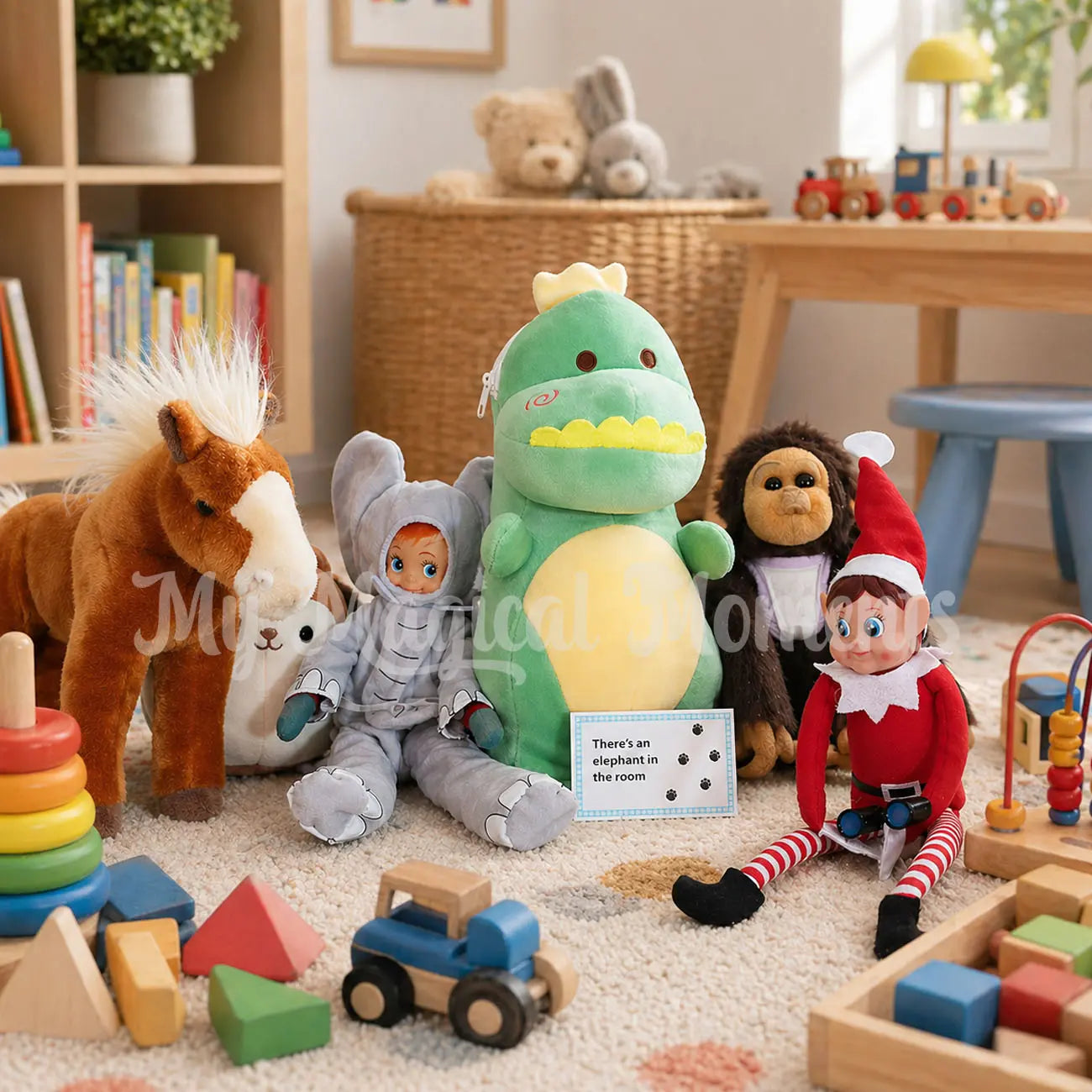 Collection of plush toys including a horse, elephant costume worn by an elf, dragon, and elf on a couch holding mini binoculars