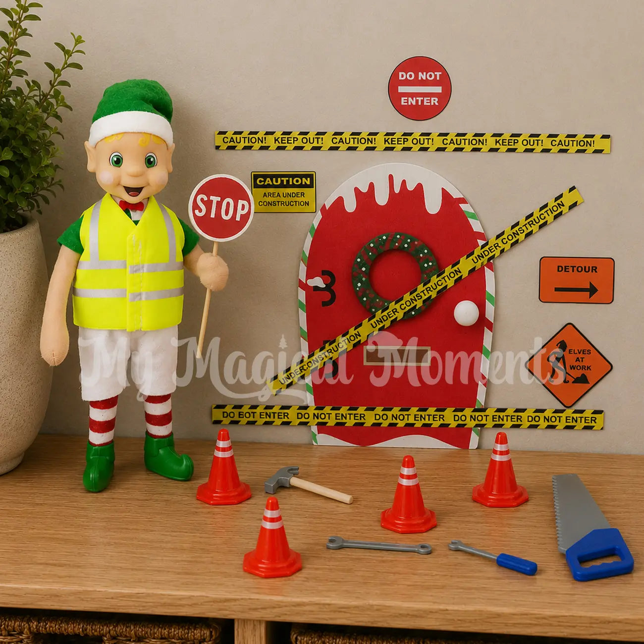 Road worker elf, door construction set up with miniature elf tools