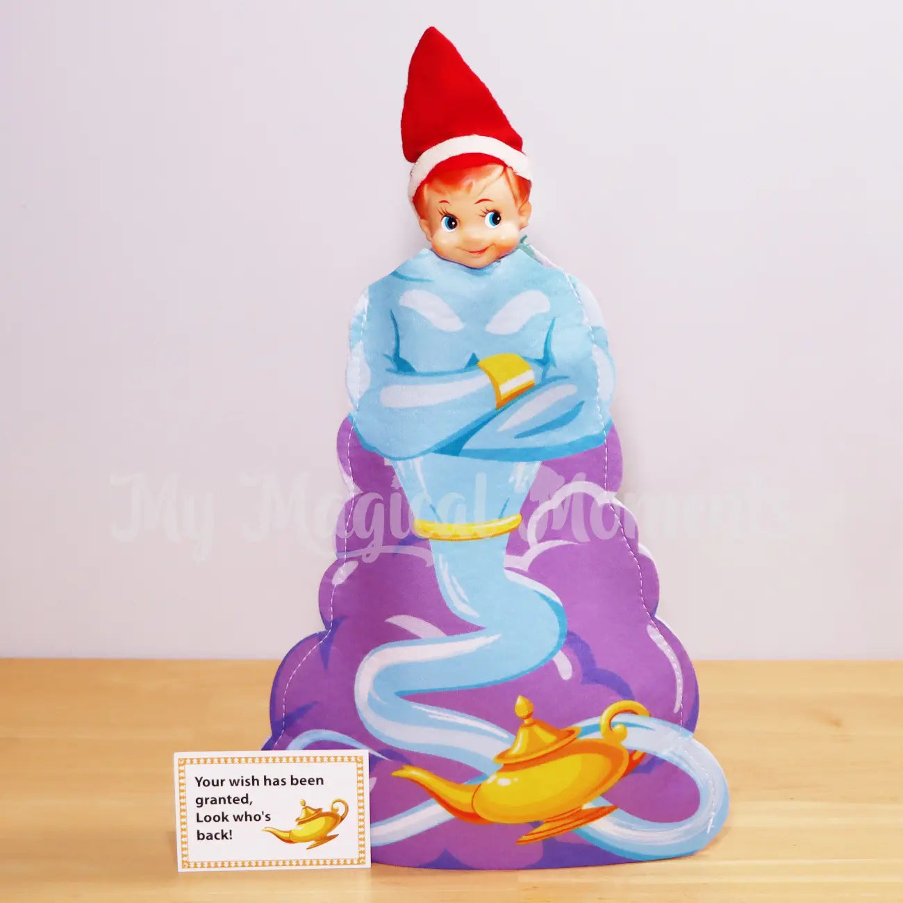 Elf shelf wearing a genie costume granting wishes