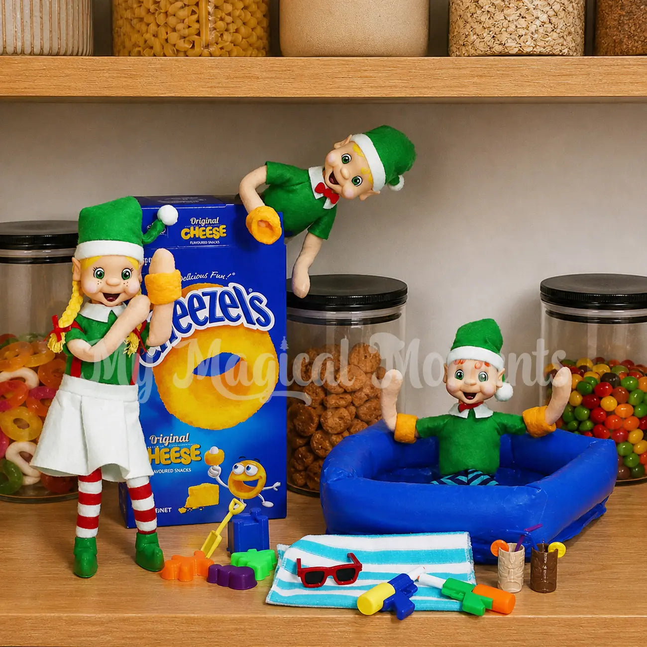 Elves wearing Cheezels as Floaties in a mini inflatable pool having a pool party, with sunglasses, pool toys, water guns and tiki cups