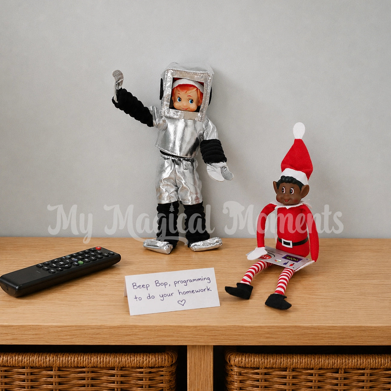 Elf wearing a robot outfit being controlled by a elves behavin badly