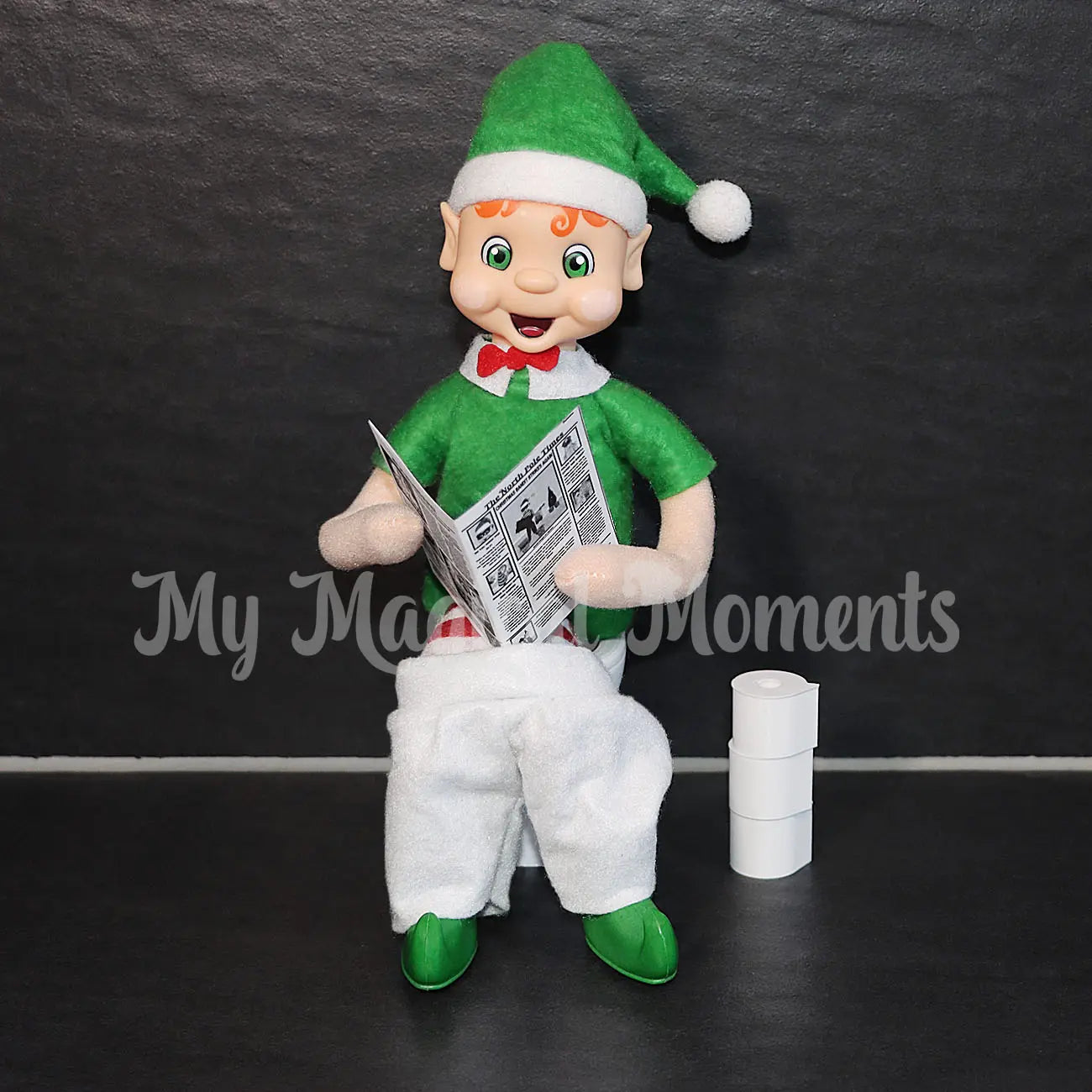 Elf reading newspaper sitting on a mini toilet with toilet rolls