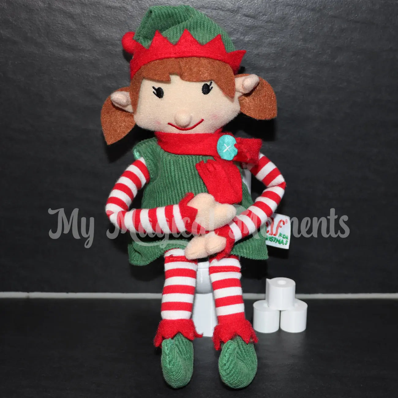 Elf sitting on a mini toilet with toilet paper