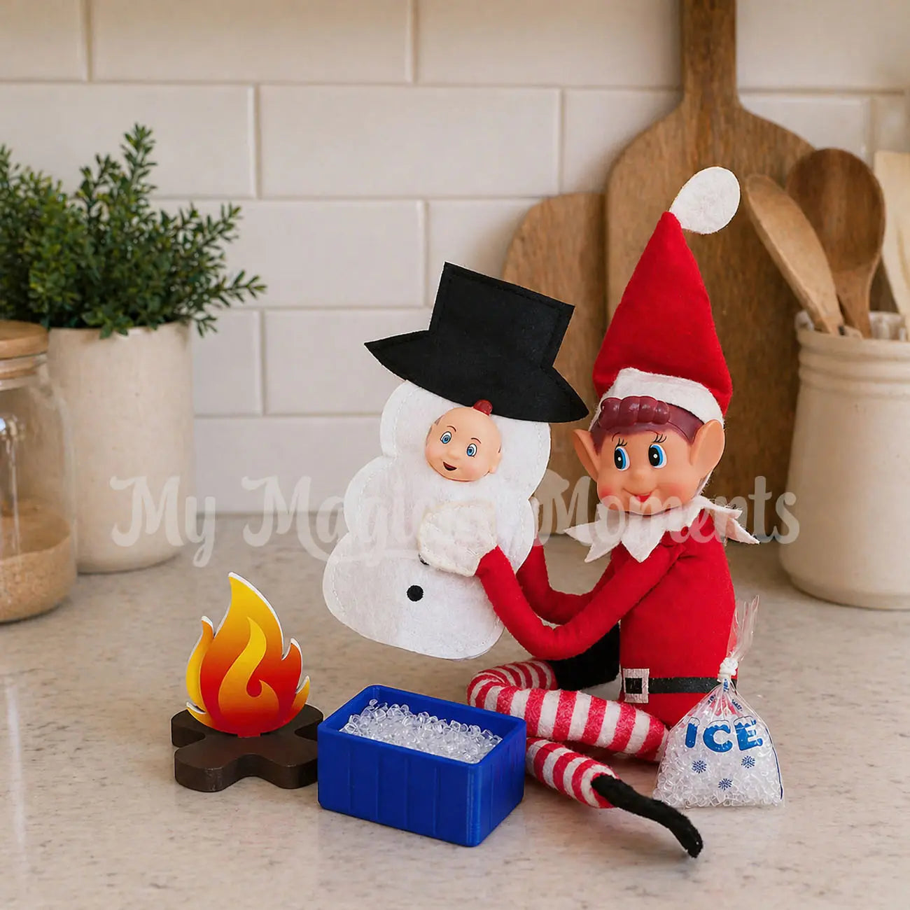Elf making ice by melting a baby snowman over a miniature fire pit