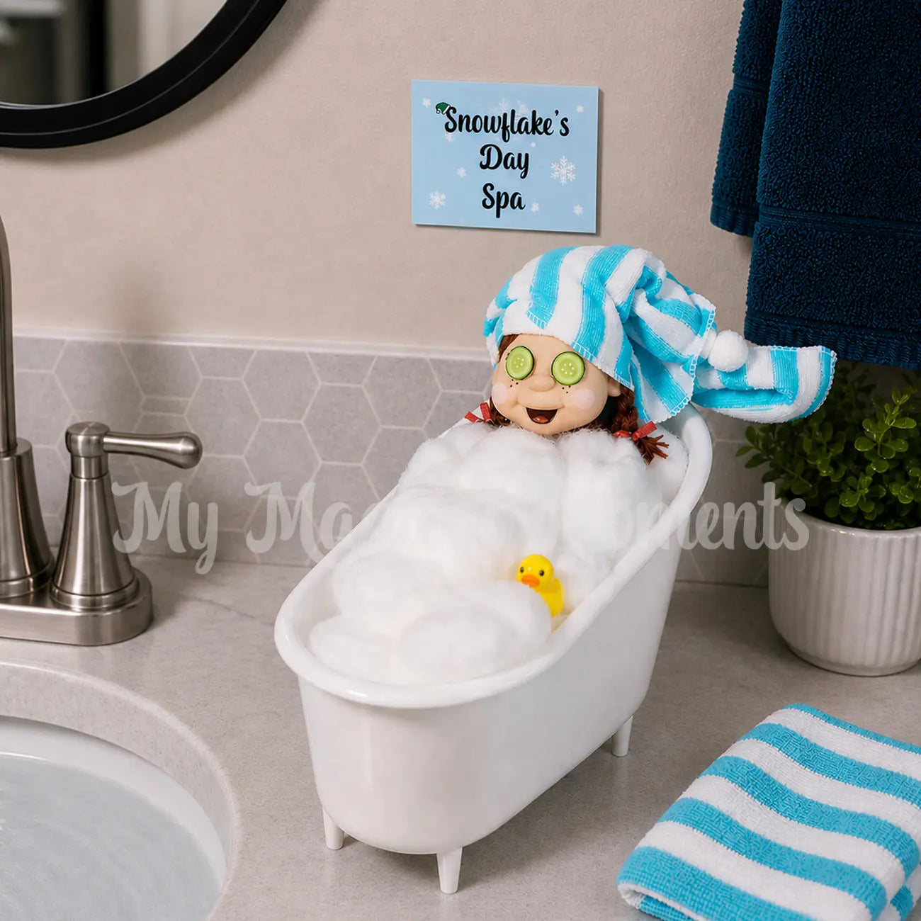 Elf enjoying a relaxing day spa with cucumber eyes, rubber ducky, towel on head and in a bath