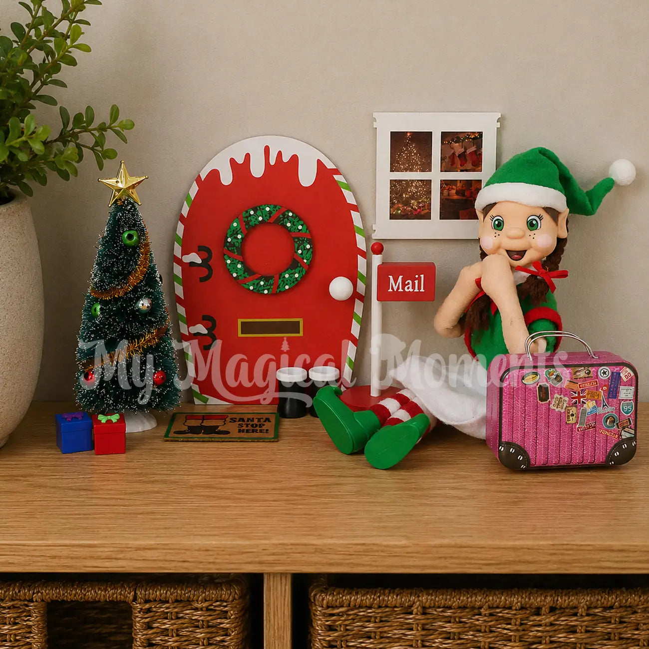 Brown hair Elf Arriving with a suitcase by an elf door, mini door mat, tree and presents