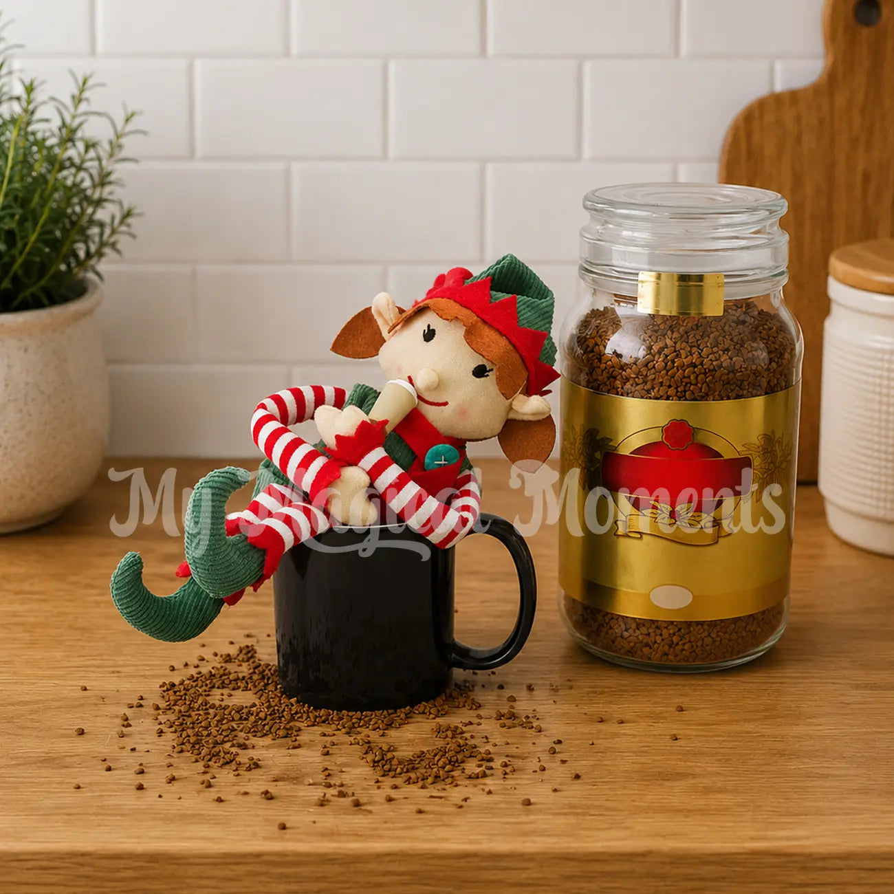 Elf for christmas drinking a mini coffee elf prop